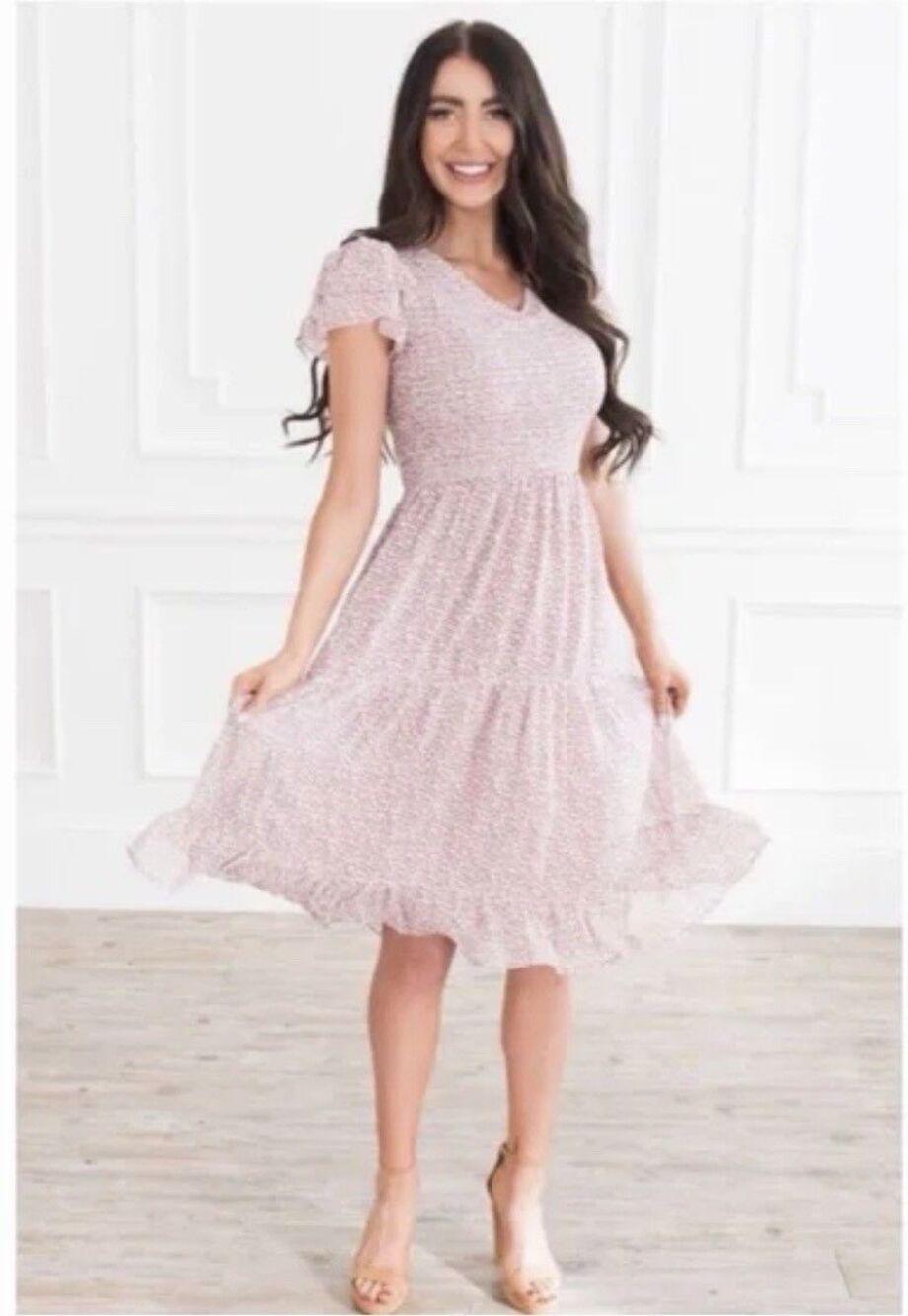 Orange Creek Smocked Midi Dress Womens Medium Pink White Ditsy Floral Lined